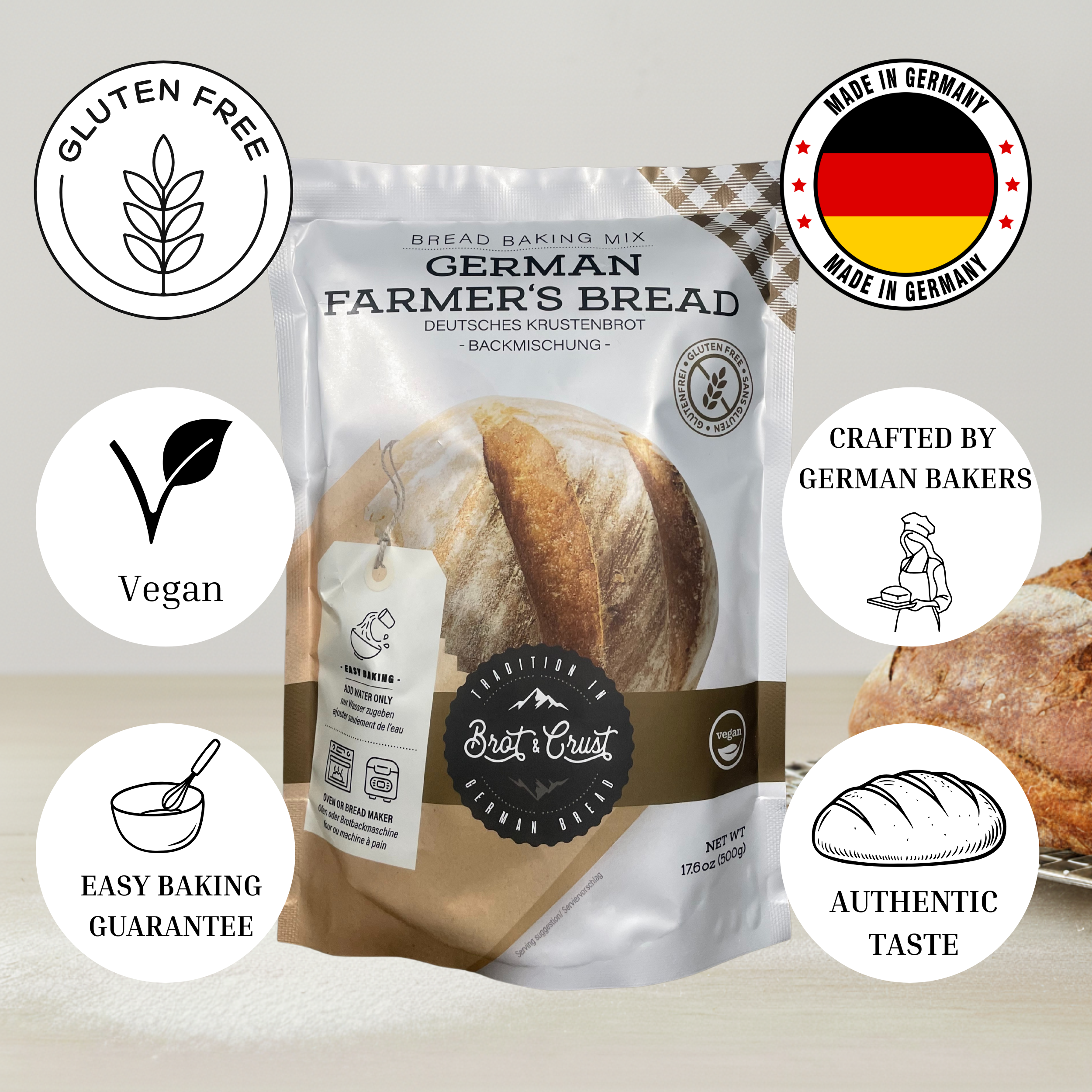 Bread baking mix packaging with various icons indicating features like gluten-free, vegan, and made in Germany.