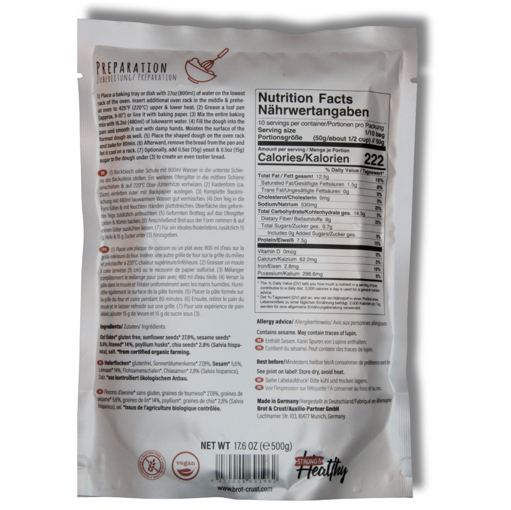 Back of a gluten free bread mix package with nutrition facts and preparation instructions on a white background