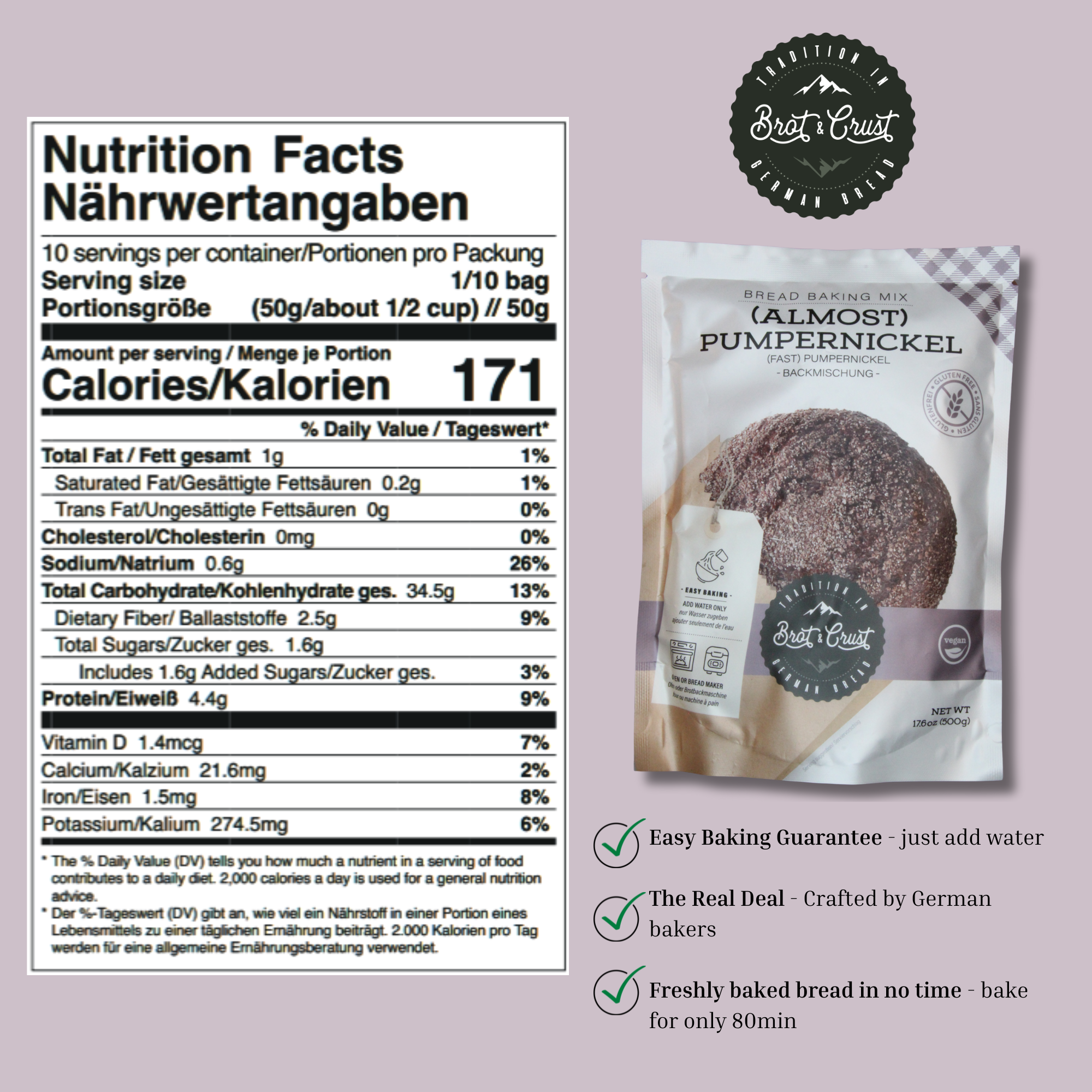 Nutrition facts for bread mix for gluten-free pumpernickel style bread