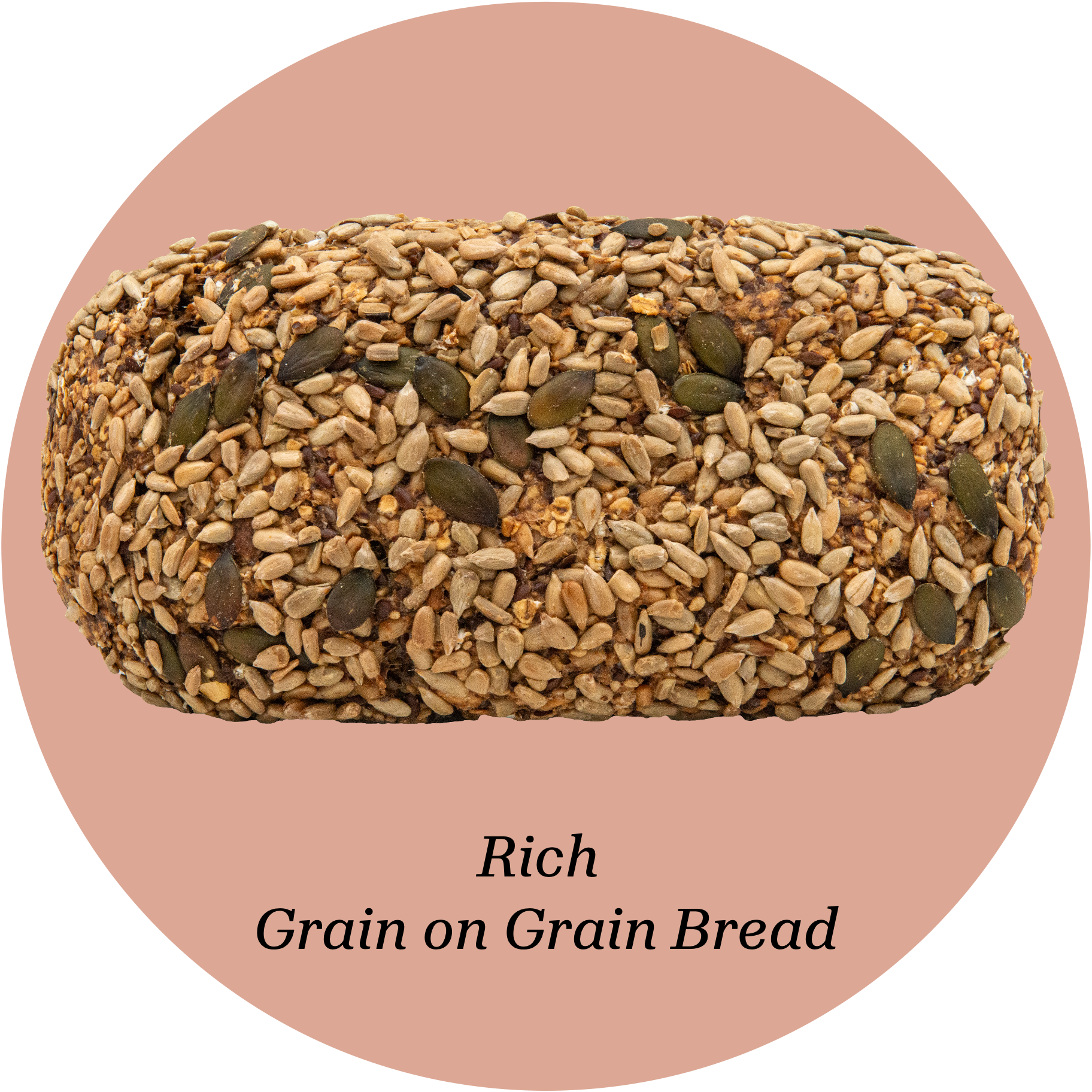 Loaf of bread with seeds on a pink background, labeled 'Rich Grain on Grain Bread'.
