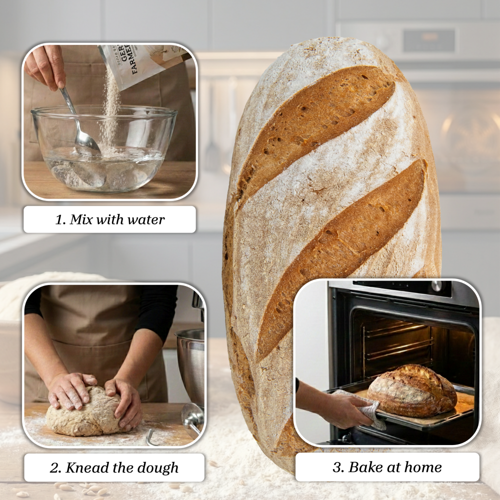 Step-by-step process of making gluten-free farmers bread with images of mixing, kneading, and baking.