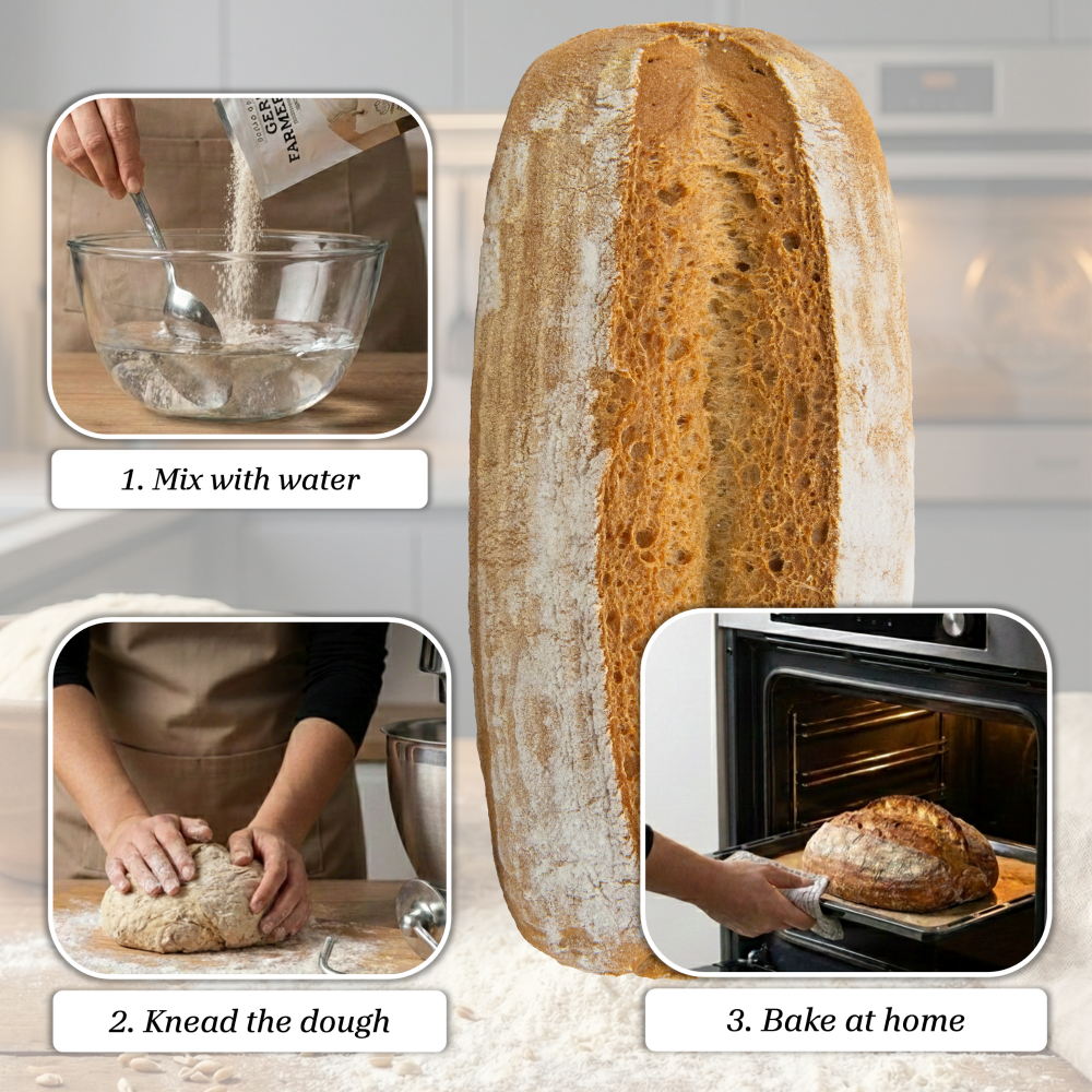 gluten free Bread-making process with text instructions on a kitchen background