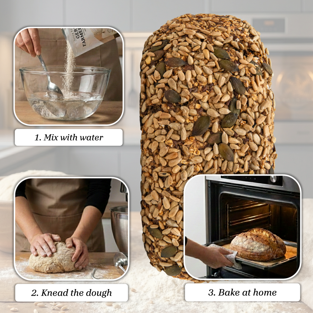Step-by-step process of making gluten free multigrain bread with a loaf of bread and ingredients.