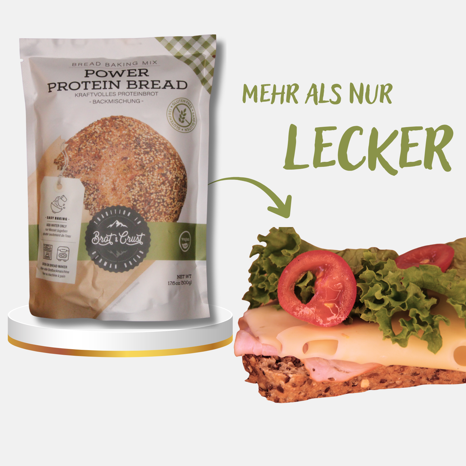 Power Protein Bread packaging with a sandwich made from it 