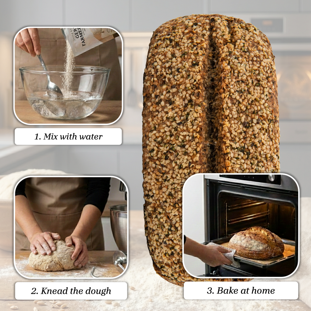 gluten free Bread-making process with text instructions on a kitchen counter.