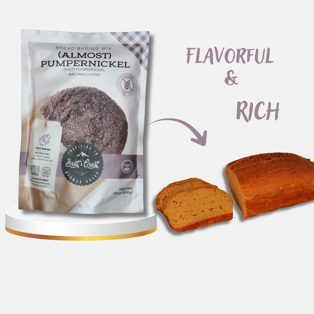 gluten free Bread baking mix package for pumpernickel bread with two slices of bread on a white background