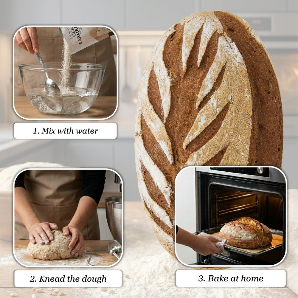 Steps to make gluten free bread: mix with water, knead the dough, bake at home.